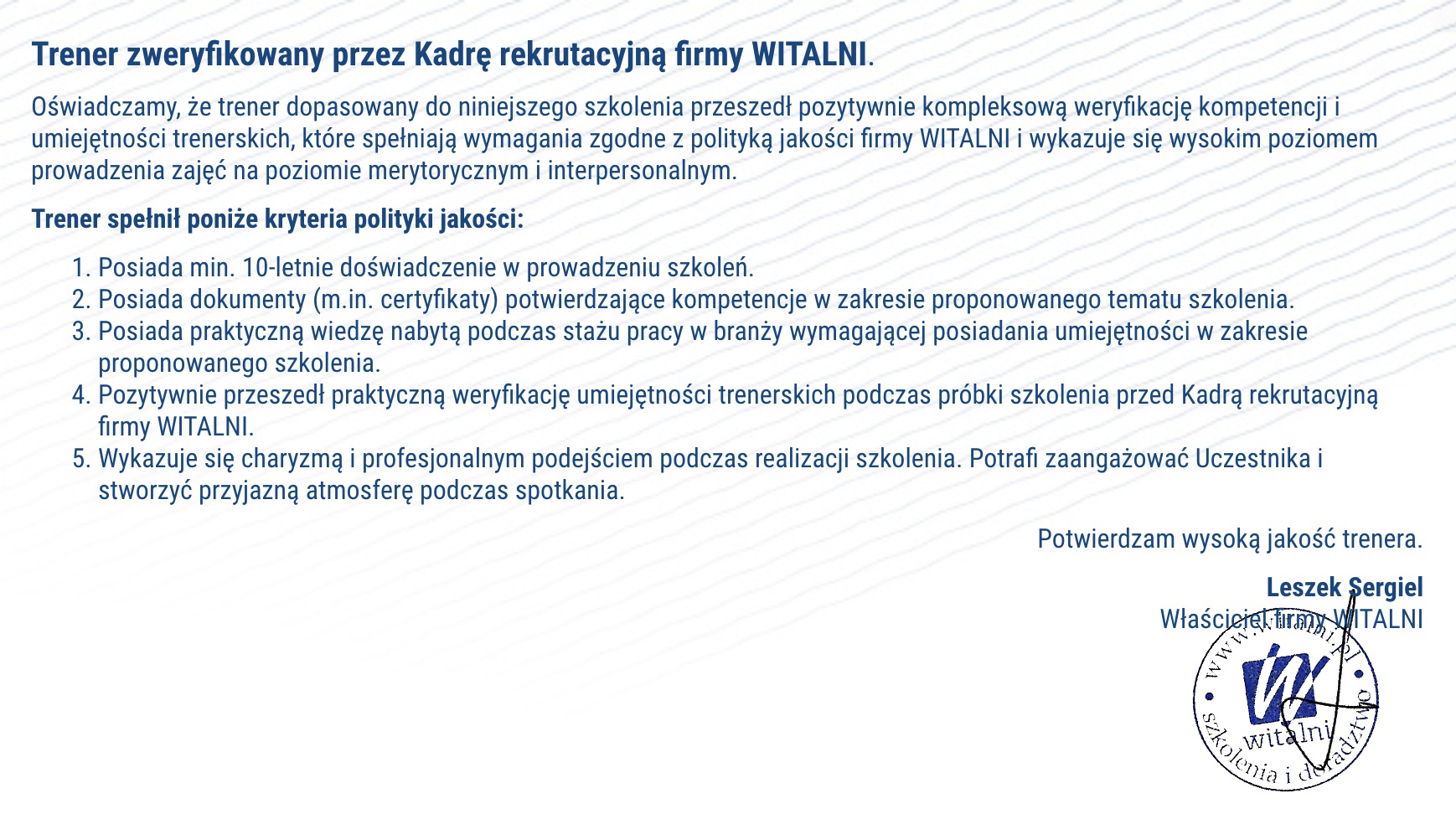 Oświadczenie o weryfikacji trenera - firma WITALNI